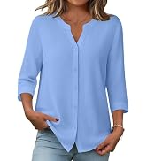 Zeagoo Button Down Shirts for Women 3/4 Sleeve Linen Cotton V Neck Tops Dressy Casual Loose Work ...