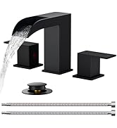 FORIOUS Matte Black Bathroom Faucets 3 Hole, 8 Inch Widespread Square Waterfall Bathroom Sink Fau...