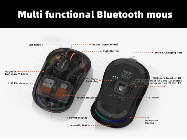 Transparent Bluetooth Mouse with USB &amp; Type-C Two Receiver, Small Portable Silent Wireless Mice