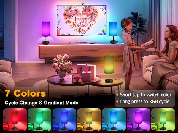 The desk lamp has 7 RGB colors, short tap to swich color and long press to RGB cycle.
