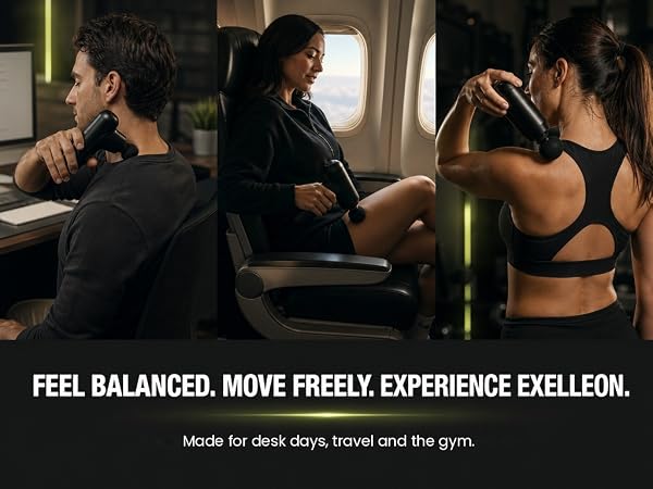 People using the EXELLEON mini massage gun at a desk, while traveling and after a workout