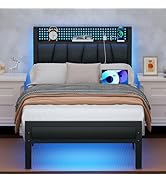 Furnulem Twin Size Bed Frame with LED Light and Charging Station, Grey Upholstered Storage Headbo...