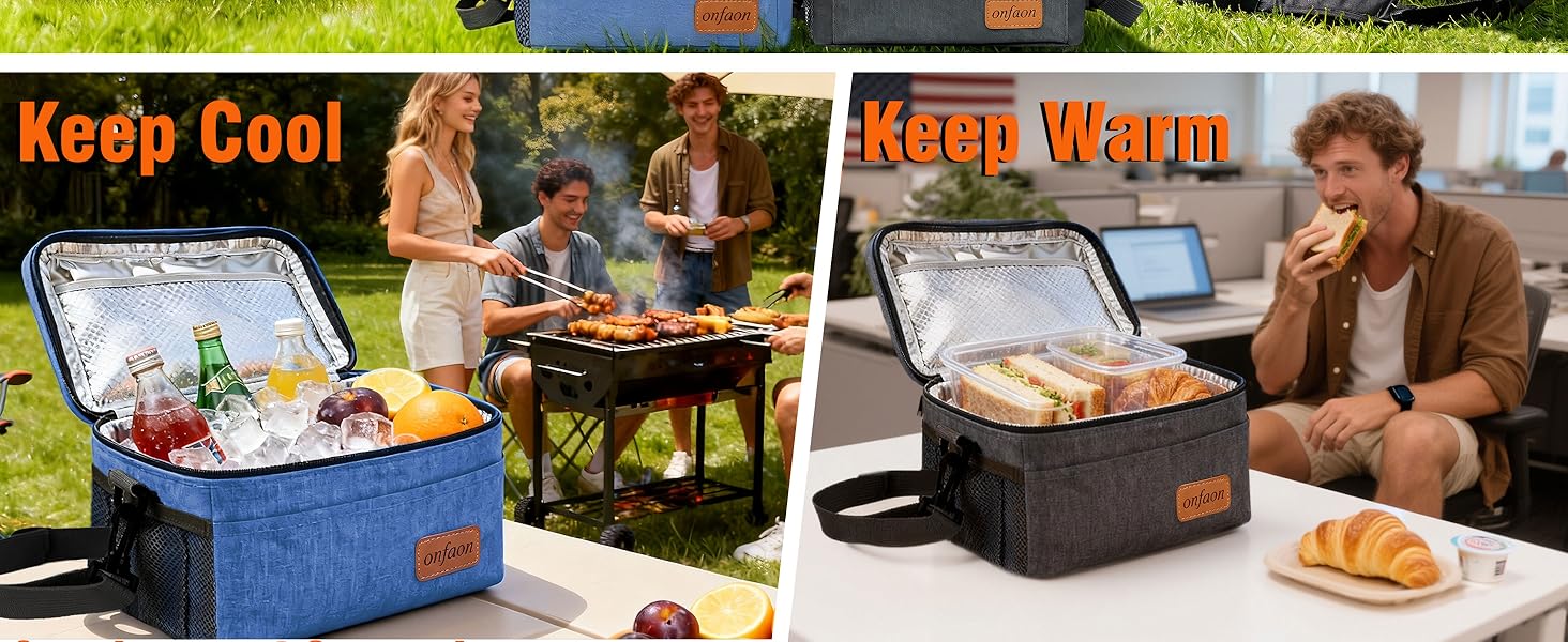 insulated lunch bag keeping drinks cool with ice and sandwiches warm, perfect for office lunch