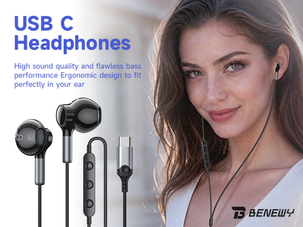 Text reads "USB C Headphones" and "High-sound quality and famous type". Black in-ear headphones with USB-C connector displayed with woman wearing them and product packaging shown.