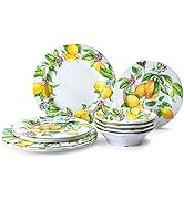 LEHAHA Lemon Melamine Dinnerware Dish Set – 12 Piece Indoor and Outdoor Plates and Bowls Set for ...