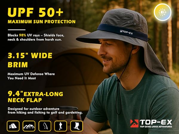 Man wearing UPF 50+ sun hat with 3.15&amp;#34; wide brim and 9.4&amp;#34; neck flap while camping in the forest