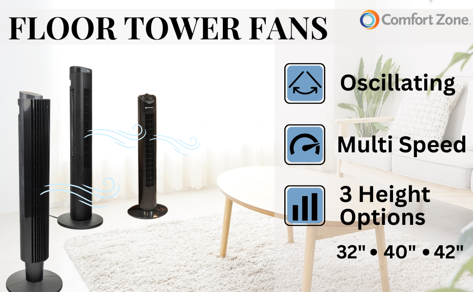comfort zone 32 40 42 inch oscillating tower fan black 3-5-speed