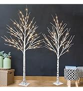PEIDUO Set of 2 Lighted Birch Tree, Prelit White Christmas Tree, Light Up Artificial Trees with D...