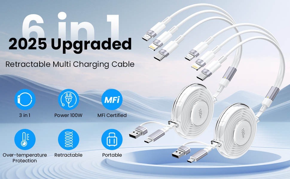 100W 5-in-1 Retractable Charging Cable