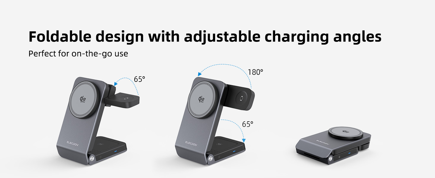 Text reads 'Foldable design with adjustable charging angles'. Series of images showing black phone/tablet stand in different folding positions and viewing angles.