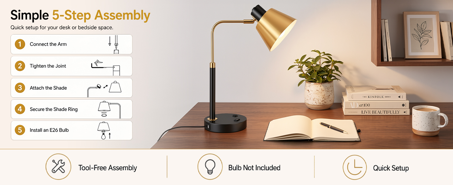 Industrial desk lamp with quick 5-step assembly guide