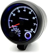 Shkalacar 3.75inch Car Tachometer Gauge with Blue Inter Shift Light 0-8000 RPM Black for Auto Gas...