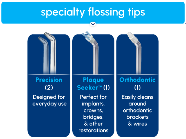 Image of Waterpik tips with text reading specialty flossing tips.