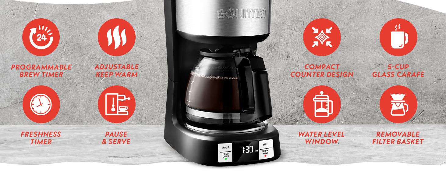 brew later adjustable keep warm freshness ti pause and serve water level removable filter 5 cup