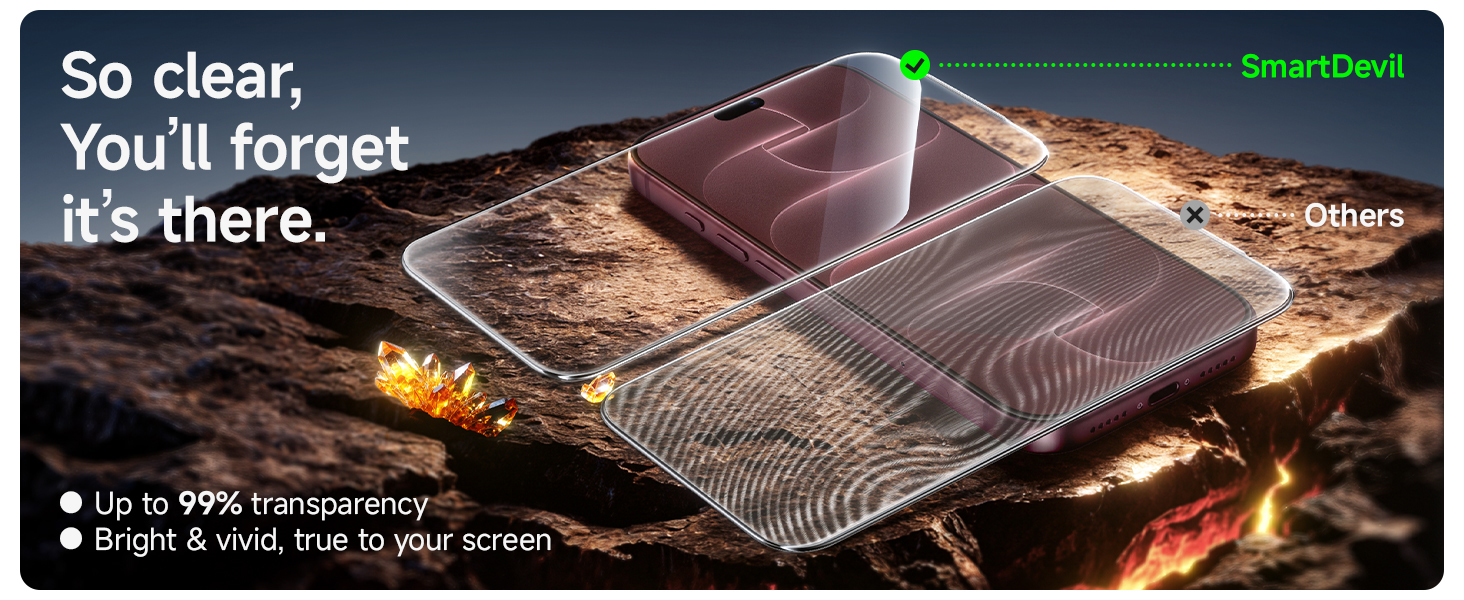Text reads "So clear, you'll forget it's there." with "Up to 99% Transparency" and "Tough &amp; clear. Thick &amp; durable." Clear protective case displayed over smartphone showing gold interior design and landscape scenery.