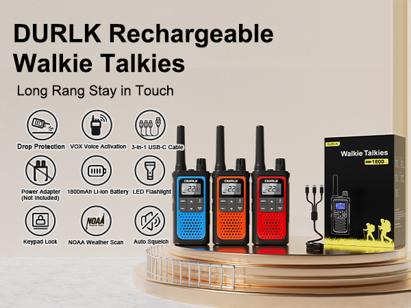 DURLK 3 pack walkie talkies for adults in blue orange red with adapter cables and box