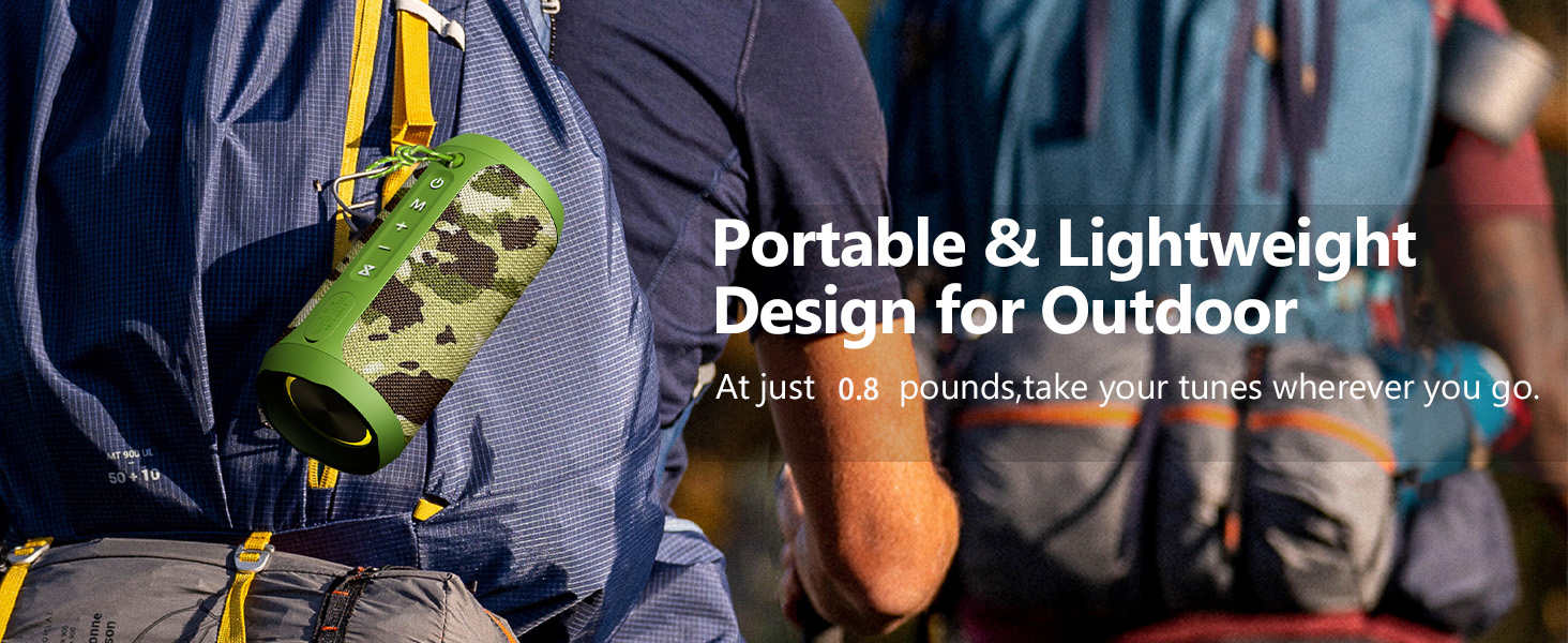 Portable camouflage-patterned speaker attached to backpack. Text highlights lightweight design for outdoor use, weighing 0.6 pounds. Background shows hikers' clothing.