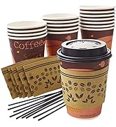 Leak-free Decorative 12 Oz Disposable Coffee Cup 50Pk Set With Sleeves, Lids, and Stirrers. Recyc...