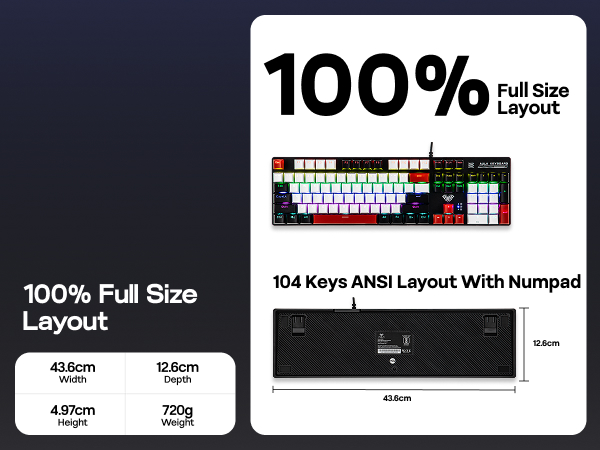 Text reads '100% Full Size Layout' and '104 Keys ANSI Layout With Numpad'. Technical diagram showing keyboard dimensions: 43.6cm width, 12.8cm height.