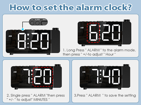 Projection Alarm Clocks for Bedrooms, Large LED Display Digital Clock with 180° Rotatable Projector