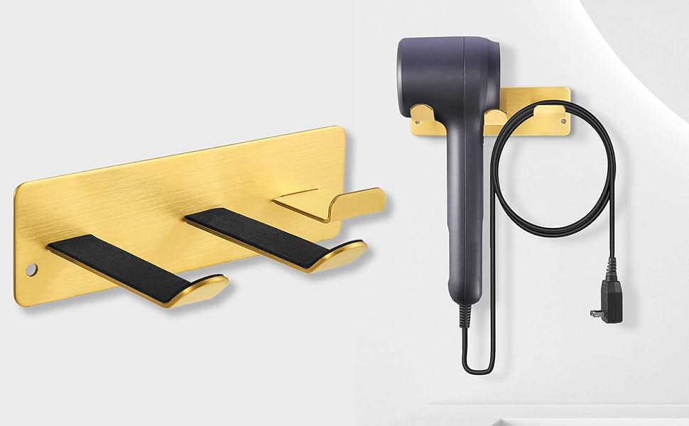 Wall mounting hardware set including yellow metal bracket, black mounting accessories, and power cord components.