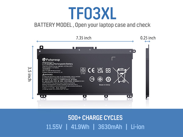 11.55V 41.9Wh 3630Wh up to 500+ charge cycles