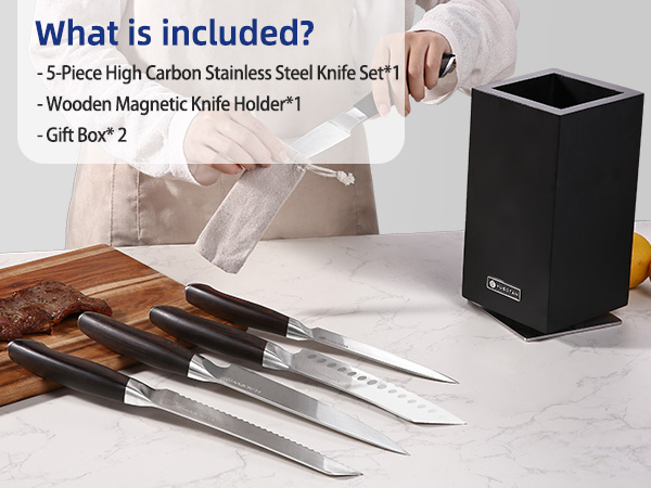 kitchen knife set with a wooden magnetic knife holder