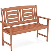 Tangkula Patio Wood Bench, Garden Armrest Loveseat with Inclined Backrest, Wood Grain, Teak Oil F...