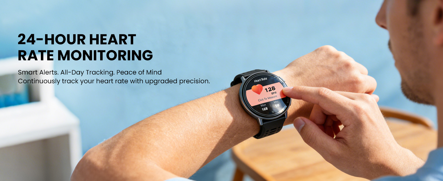 Text reads '24-HOUR HEART RATE MONITORING'. Medical monitoring interface showing heart rate data and tracking information on digital displays.