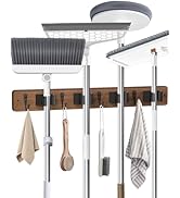Broom Holder Wall Mounted, 4 Holders and 4 Hooks Mop Holder, Wooden Mop and Broom Holder with Ant...
