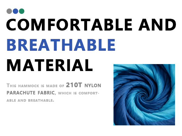 Text reads 'COMFORTABLE AND BREATHABLE MATERIAL'. Diagram showing fabric properties with a swirling blue pattern suggesting air flow or breathability.