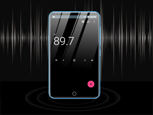 Smartphone display showing digital frequency or radio interface with number 99.7 on black background with audio waveform visualization.