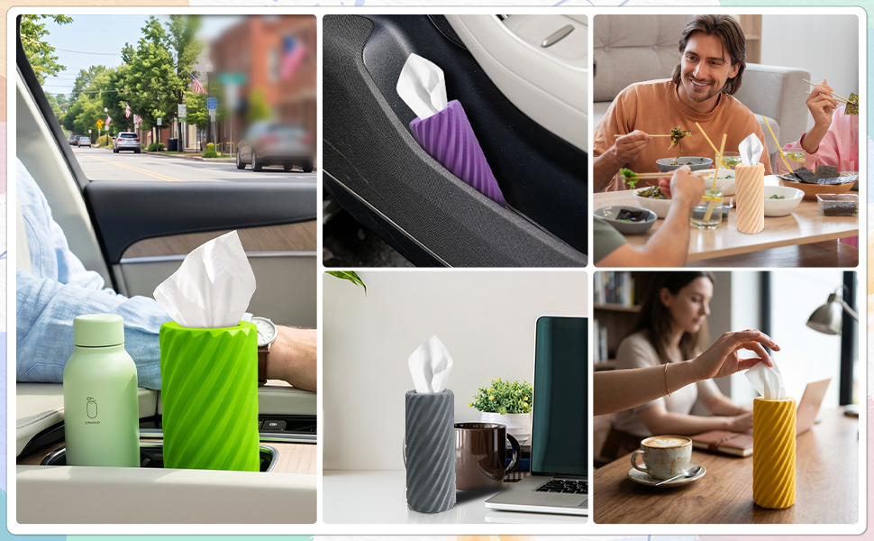 Car Tissue Holder, Refillable Round Cylinder with 3 Tissue Packs