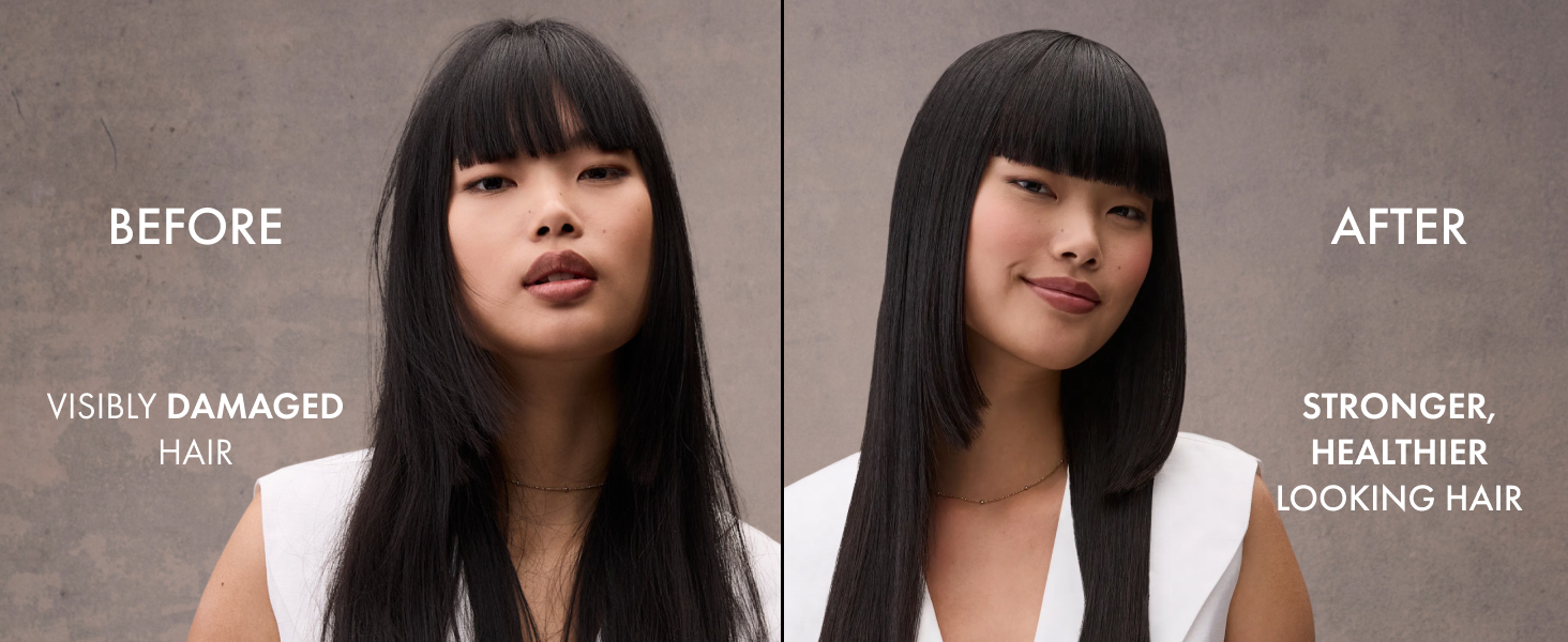 Two pictures of the same woman with her hair going from damaged to stronger and healthier looking.