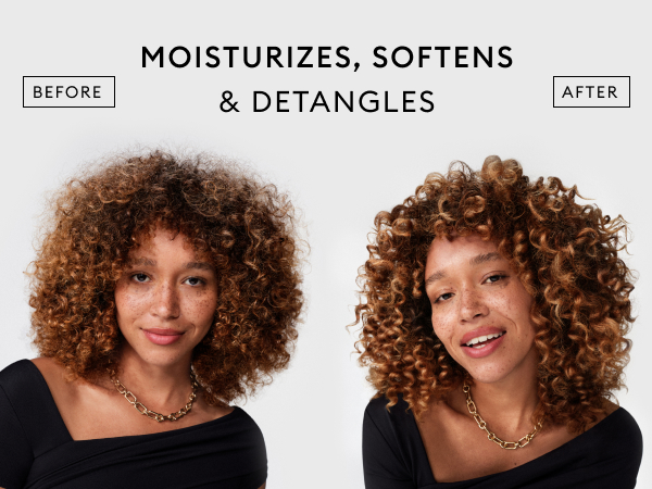 Model with curly hair, frizzy on the left and defined on the right, against a white background.