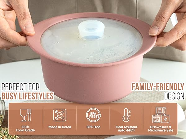 microwave steamer featuring icons for food grade, BPA free, heat resistance,dishwasher
