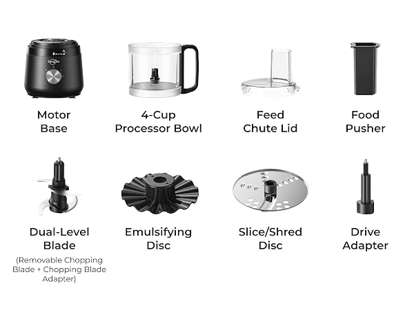 Sangcon 4-cup mini food processor with motor base, bowl, lid, pusher, blades and discs.