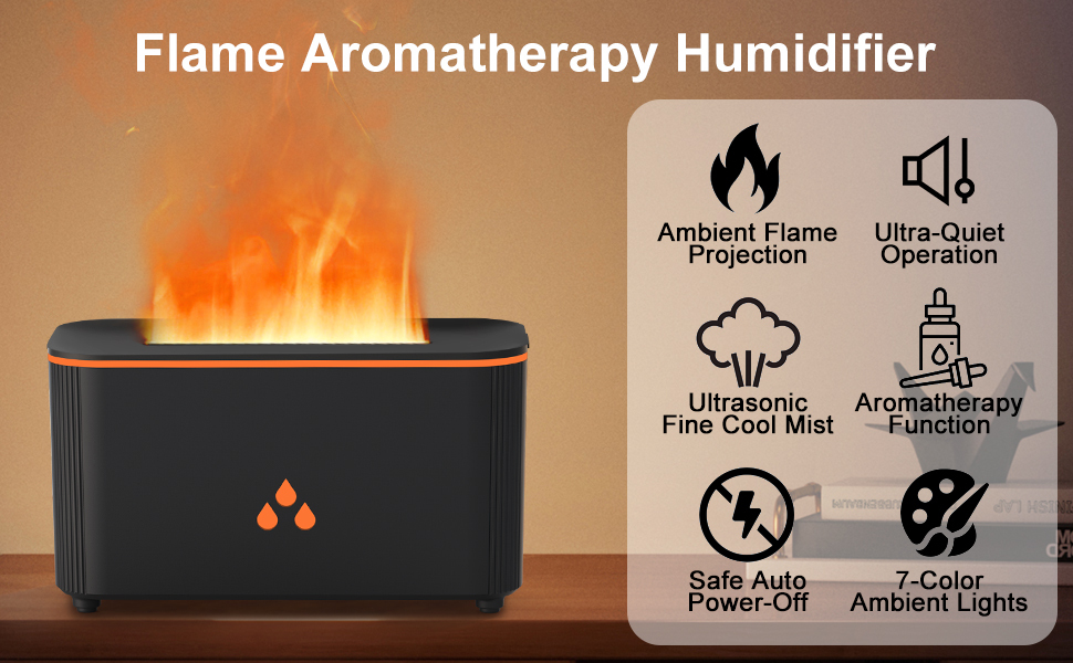 Text reads 'Flame Aromatherapy Humidifier'. Black device with flame effect visible. Icons show features: ambient flame, silent operation, free cool mist, and automatic shutdown functions.