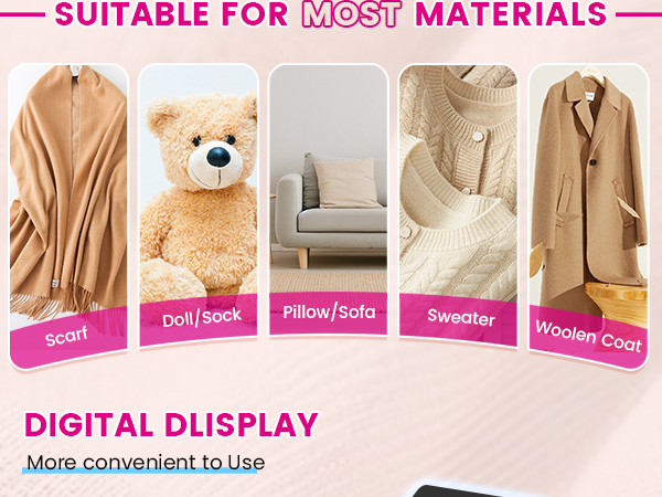 Product compatibility chart showing clothing items including scarf, plush toy, armchair, sweater, and woolen coat with 'Digital Display' text below.