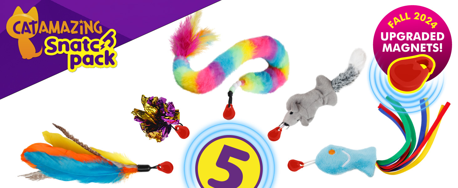 Cat Amazing Snatch Pack Magnetic Wand Cat Toy Teaser Attachments feather, ball, mouse, fish, snake