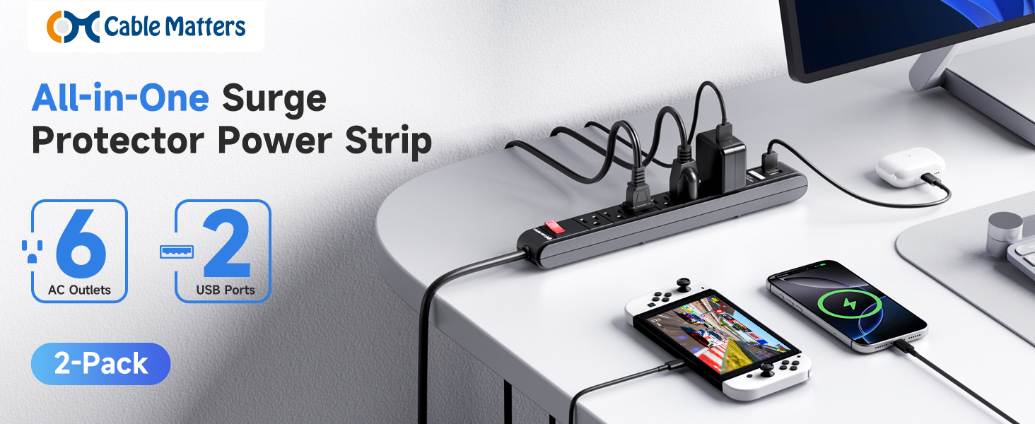 Cable Matters 6-outlet surge protector with USB ports, black, 8ft cord, ETL listed, 2-pack.