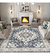 Washable Living Room Area Rug - 9 x 12 Stain Resistant Medallion Soft Bedroom Rugs Distressed Des...