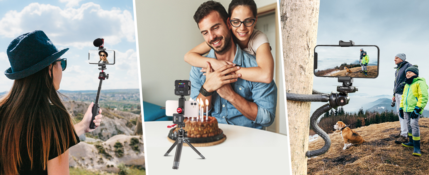 ULANZI ST-27 Phone Tripod Mount, 360° Metal Phone Holder for Tripod w 3 Cold Shoes &amp; Arca Port