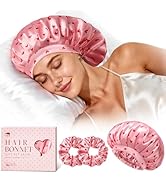 LitBear Silk Satin Bonnet for Sleeping Women, Adjustable Double Layer Hair Bonnet with Scrunchies...