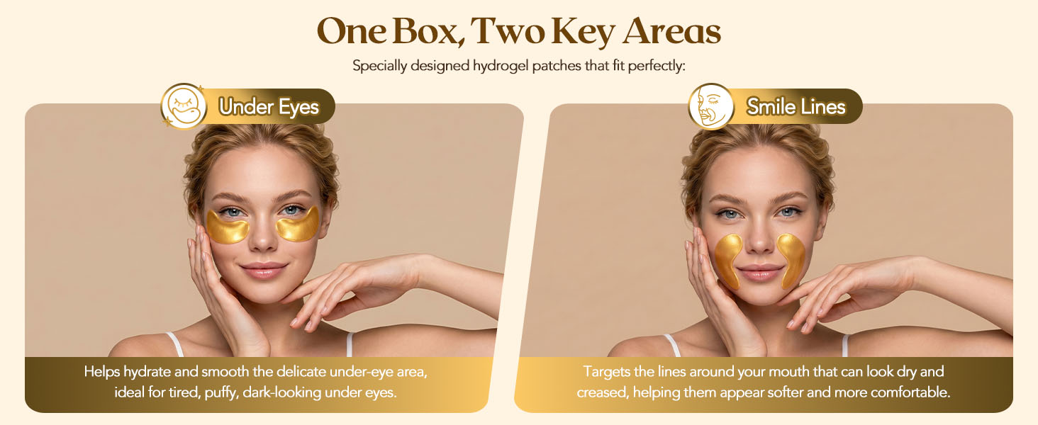 Specially designed hydrogel patches that fit perfectly: Under Eyes &amp;amp;amp; Smile Lines