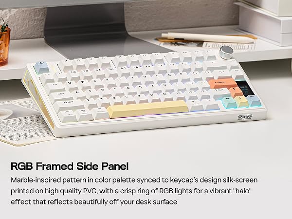 Text reads 'RGB Framed Side Panel'. Multiple views of a computer keyboard with RGB lighting effects visible along the sides and through keycaps.