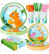 168PCS Dinosaurs Birthday Party Supplies for 24 Guests, Dinosaurs Themed Paper Plates Napkins Cup...
