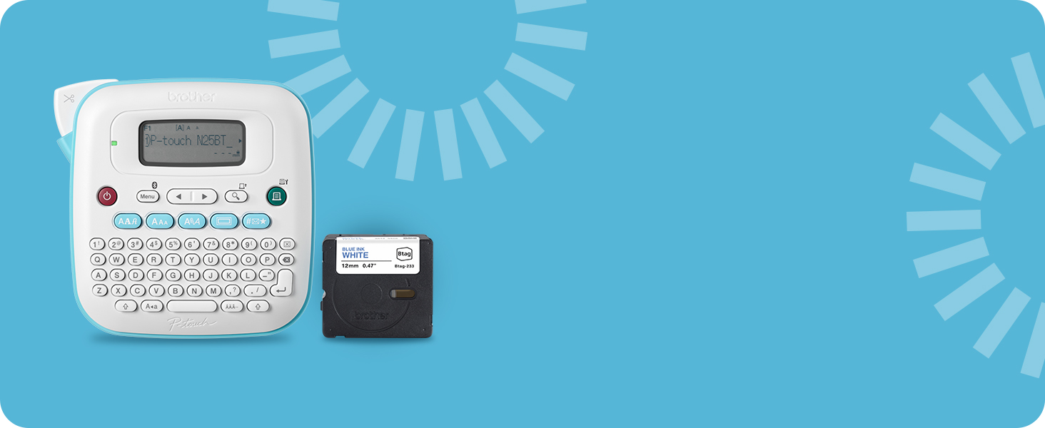 P-touch PT-N25BT desktop label maker with included Btag 12mm wide black on light blue label tape