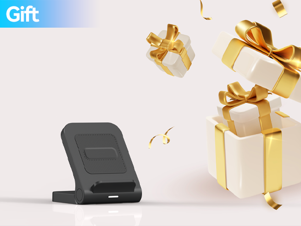 Black wireless charging stand next to white gift boxes with gold ribbons. Charger has angled design with visible charging surface and connector port at base.