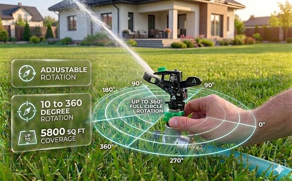 Sprinkler rotation 10 to 360 degree adjustment on lawn